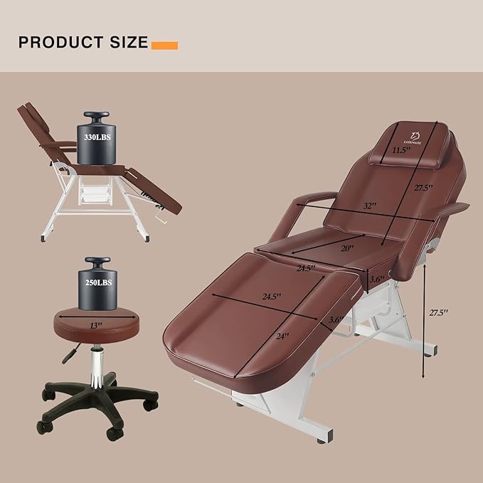 Facial Chair,73 inch Tattoo Chair for Client,3-Section Adjustable Massage Table with Hydraulic Stool, Multipurpose Beauty Beds Salon Equipment for Esthetician, Tattooshop, Spa (Brown)