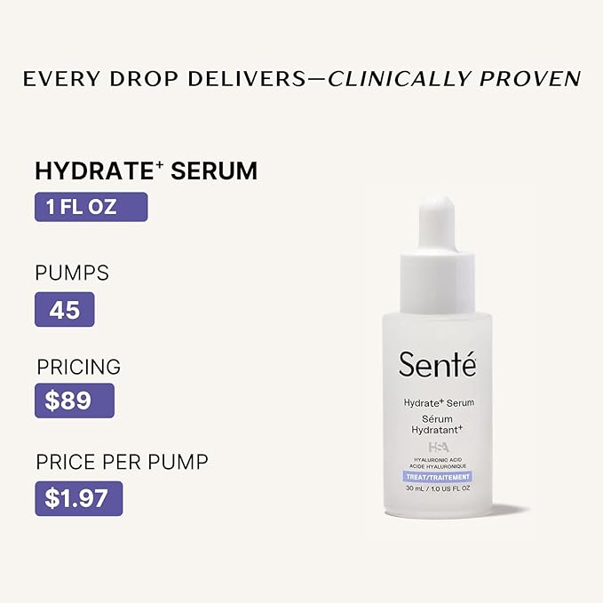 Senté Hydrate+ Serum | Hyaluronic Acid with HSA for Glass Skin | Deep Hydration & Barrier Support | Fast-Absorbing | Calms & Soothes | Paraben, Cruelty, Fragrance Free | 1.0 oz
