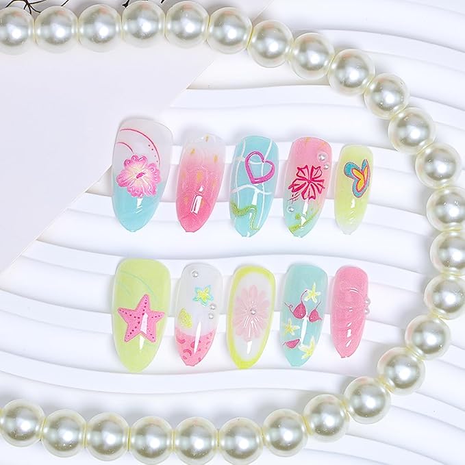 30Pcs Cute Press on Nails Medium Almond Fake Nails Summer Press ons 3D Pearl Flower Glue on Nails Beach Starfish False Nails Lemon Butterfly Heart French Tip Nails Handmade Acrylic Nails Set for Women