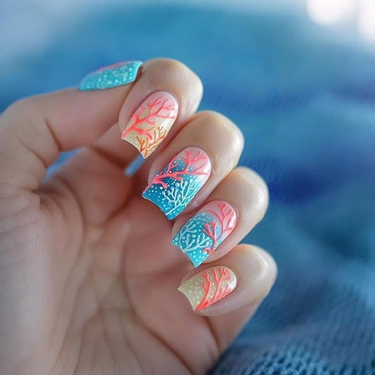 Summer Press on Nails Medium Square Fake Nails Ocean False Nails Pink Coral White Polka Dots Blue Gradient Design Summer Full Cover Reusable Stick on Nail for Women Decoration Nail Art