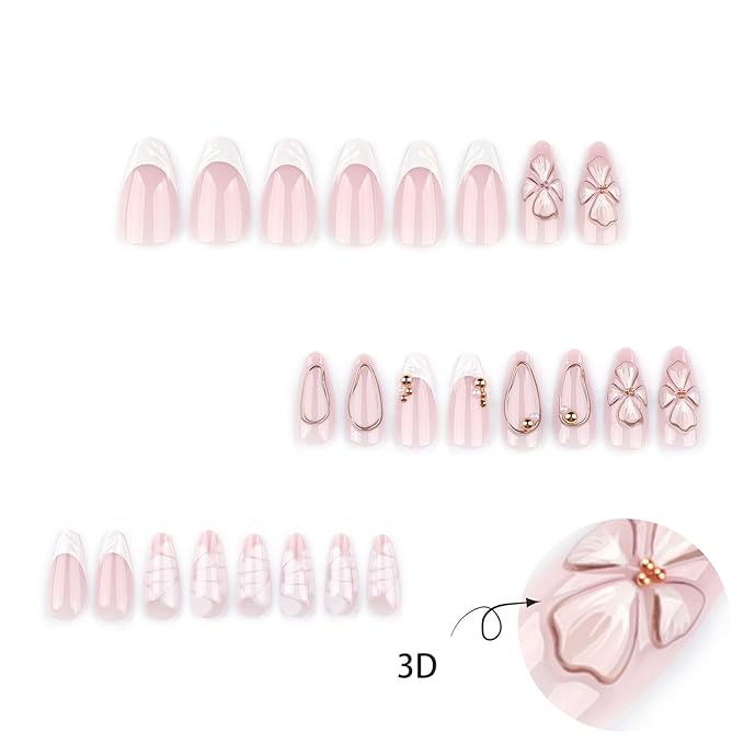 White French Tip Press on Nails Medium Almond Fake Nails with 3D Flower Designs Glossy Pink Acrylic False Nails Golden Bead Artificial Glue on Nail Cute Petals Stick on Nail for Women 24Pcs