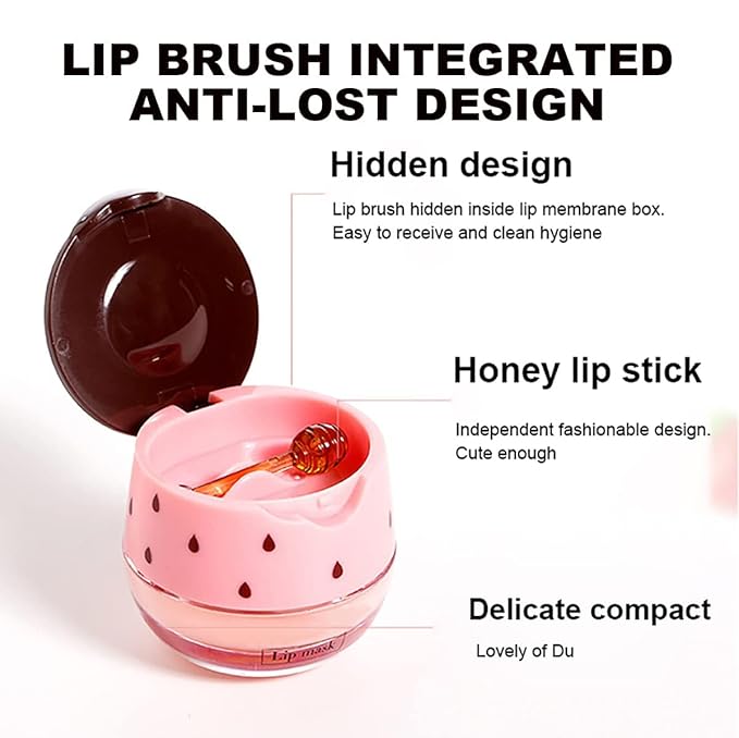 4PCS Strawberry & Bee Lip Balm Honey Pot, Vitamin E & Moisturizing Propolis Sleeping Lip Mask, Effective Reduces Lip Lines Prevention Dry and Cracked Scrubs Exfoliator Smoothing Dry Lip Care