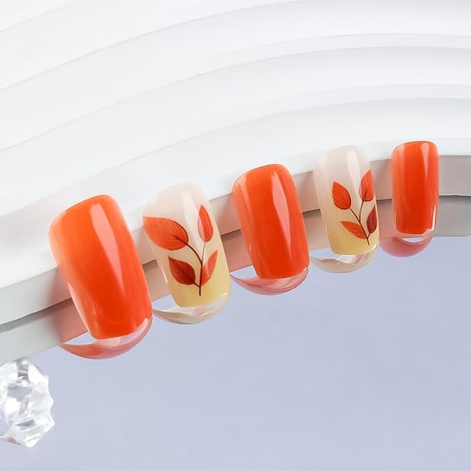 Fall Leaf Press on Nails Medium Square Glossy Orange Acrylic Fake Nails Thanksgiving Maple Leaves False Nails Gel Glue on Nail Full Cover Stick on Nail DIY Manicure for Women 24Pcs