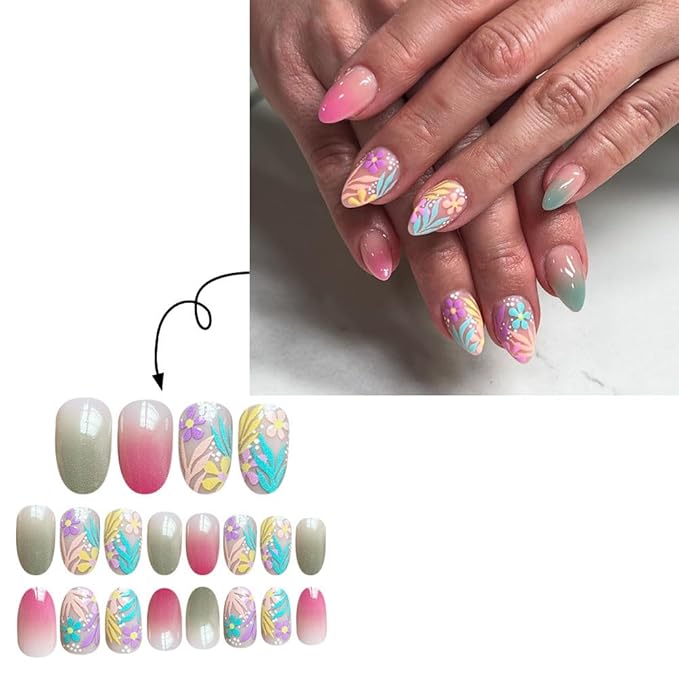 Short Almond Press on Nails Colorful Fake Nails Flower False Nails Floral Grass Gradient Design Glossy Summer Glue on Nail Acrylic Full Cover Stick on Nails for Women Decor Salon Manicure