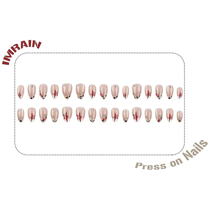 IMRAIN Medium Press on Nails Almond Fake Nails White French Tips False Nails with Leopard Print Designs Full Cover Glossy Glue on Nails Nude Acrylic Stick on Nails for Women 24Pcs
