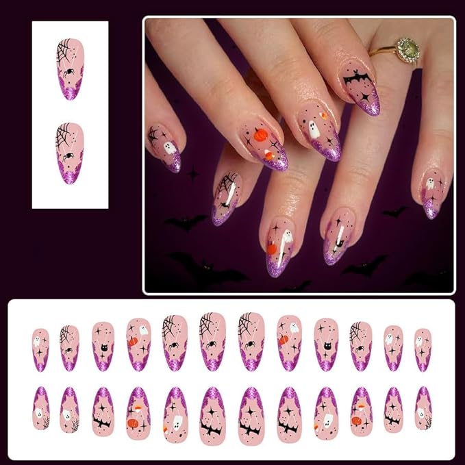Halloween Press on Nails Medium Length Fake Nails Purple False Nails Spider Ghost Pumpkin Star Spider Web Bat Design French Tips Stick on Nail for Women Decoration Holiday Manicure Supplies