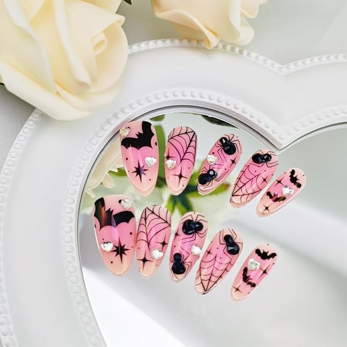 30Pcs Pink Halloween Press on Nails Medium Almond Fake Nails with Bat Spider Web Designs Halloween Full Cover False Nail Heart Rhinestones Glue on Nails 3D Black Spider Acrylic Nail for Women Girls