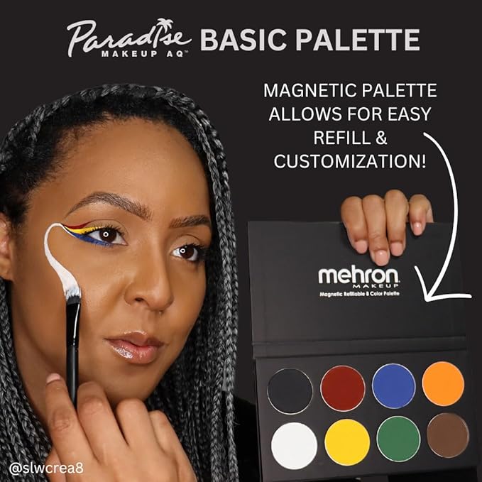 Mehron Makeup Paradise Makeup AQ 8 Color Basic Palette | Magnetic Refillable Body Paint & Face Paint Palette | Professional Water Activated Makeup for Costumes, SFX, Halloween, & Cosplay