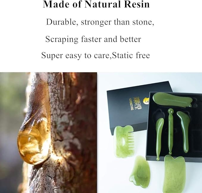 7 Pieces Gua Sha Scraping Massage Tool,Natural Resin GuaSha Tool Massage Tools Set for Face Back and Neck Release,Reduce Muscle Pain,with Storage Bag (Green)