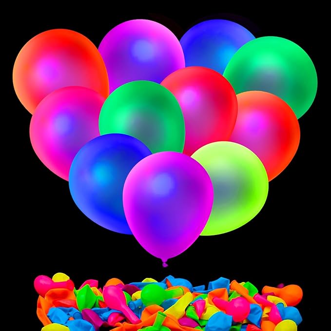 110 Pcs UV Neon Balloons, 7 Colors Blacklight Reactive Fluorescent Balloons Glow in the Dark Birthday Decorations for Birthday, Wedding, Neon Party, Glow Party Decorations Supplies