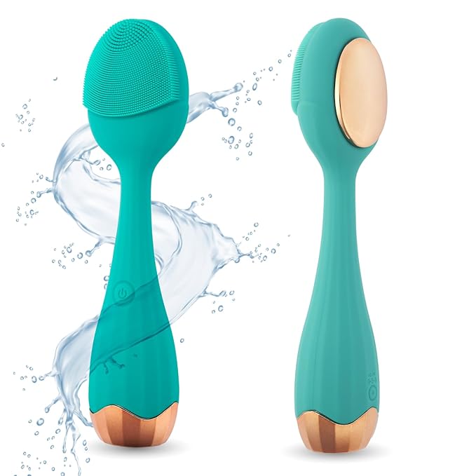 Perry Ellis 4-Speed Gentle Facial Cleansing Brush for Women, Rechargeable Vibrating Silicone Face Scrubber with Cooling Plate, IPX6-Waterproof Massager, Deep-Cleaning and Exfoliating Skin-Care Tool