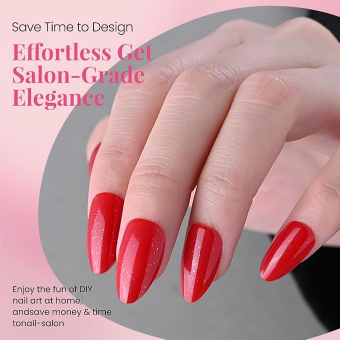 evpct Press on Nails Almond Short, Ruby Red Glitter Shimmer Shiny Short Almond Fake Nails for Women Gift, Soft Gel Press Glue On Nails with Nail Glue, 30Pcs Reusable Acrylic Fake Nail Manicure Kit