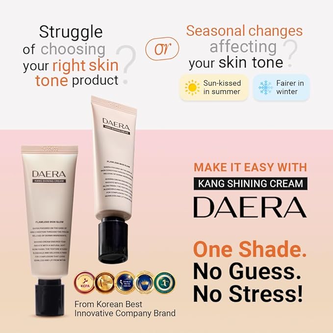 DAERA Kang Shining Korean BB Tinted Moisturizer Cream (1 Color,Neutral), Self Adjusting BB Cream,1.35 fl oz, Glowing Skin Natural Makeup, Buildable Coverage, Lightweight