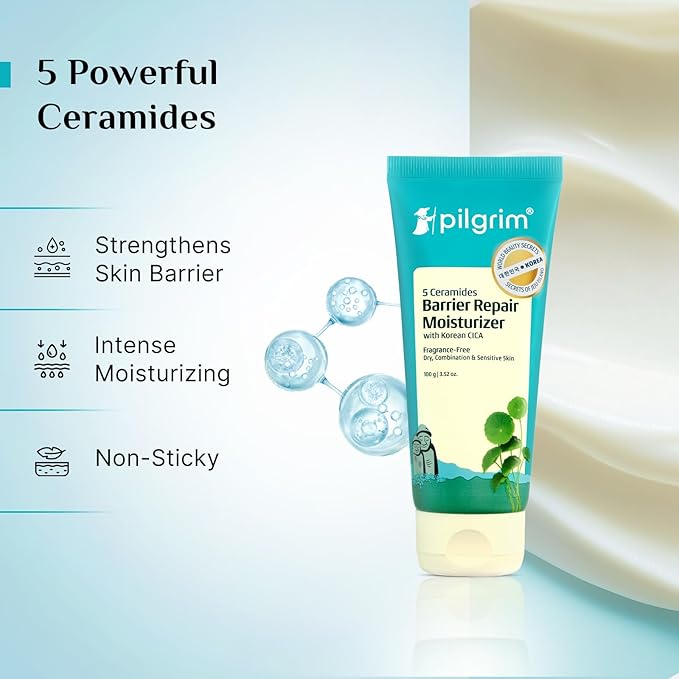 Pilgrim Korean Cica Moisturizer with 5 Ceramides & 1% Hyaluronic Acid Gel Sunscreen SPF 50 PA++++ | Deep Hydration, Strengthen Skin Barrier & Sun Protection | Lightweight & Non-Sticky | All Skin Type