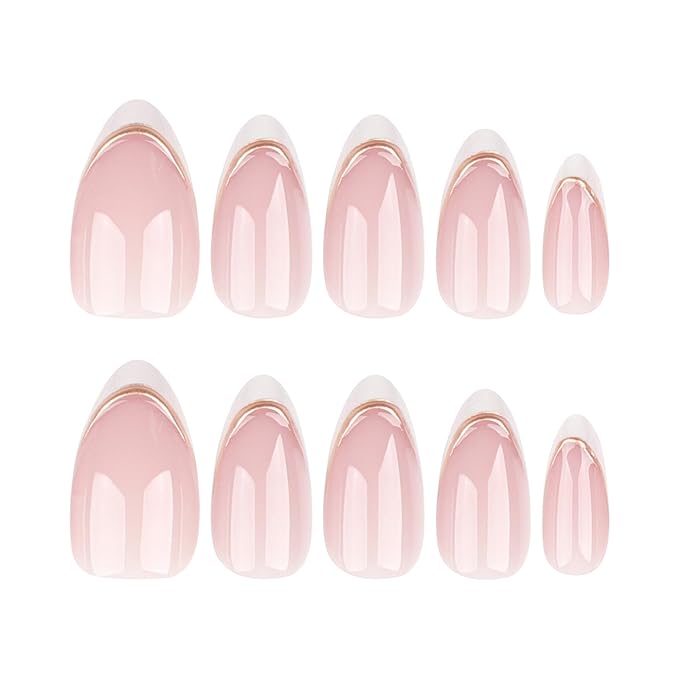 French Press On Nails Short Almond, Nude Fake Nails with White French Tip and 3D Minimalist Gold Line Design, Glossy Gel Finish Acrylic Nails, Natural Reusable Glue On Nails Kit for Women, 24Pcs