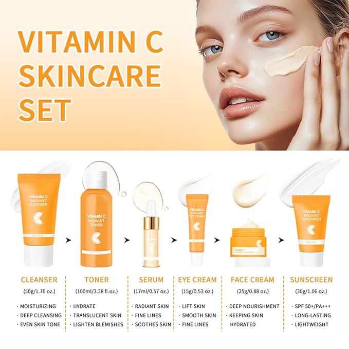 6PCS Hydrating Skin Care Set with Vitamin C,Face Care Kit Includes Serum,Face Cream,Eye Cream,Toner,Sunscreen,Cleanser,Face Care Set for Women,Unique Gift