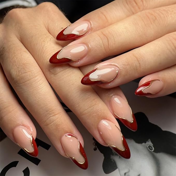 Red French Tip Press on Nails Medium Almond Fake Nails with Gold Curve Design Stick on Nails Glossy Nude False Nails Reusable Full Cover Acrylic Glue On Nail for Women Manicure 24Pcs