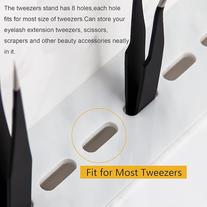 8 Holes Dust-proof Eyelash Tweezers Holder Case Acrylic Marble Tweezer Stand Display Organizer with Cover for Lash Extensions (white)