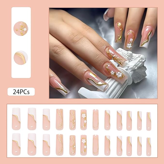 RikView Coffin Press on Nails Long Fake Nails with 3D Flowers Design Golden Nails Glossy Full Cover Nails for Women 24 PCs/Set