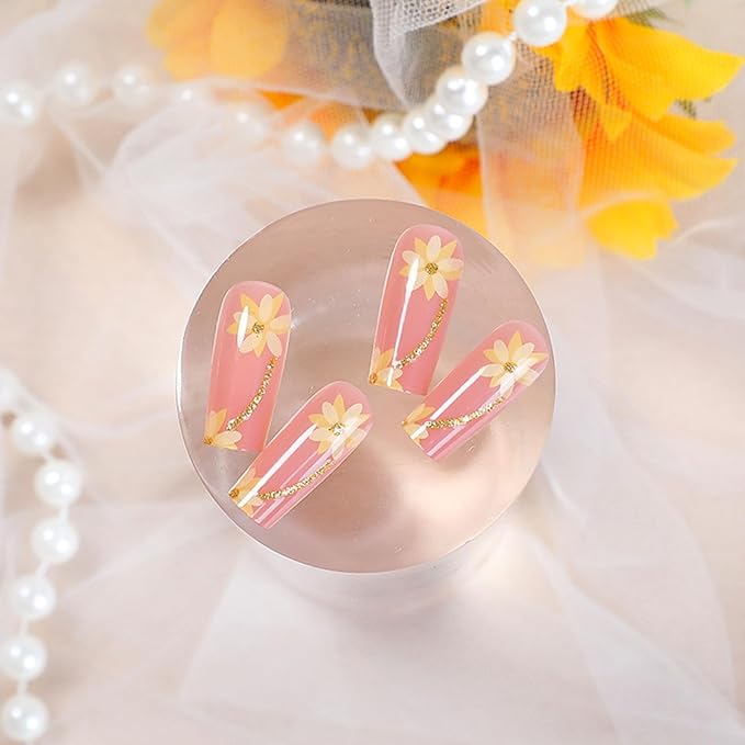 Square Press on Nails Long Light Pink Fake Nails Yellow French Tip Nail Press ons with Lines Glitter Designs Glossy Glue on Nails Flower Stick on Nails for Women Extre Long Manicure 24Pcs