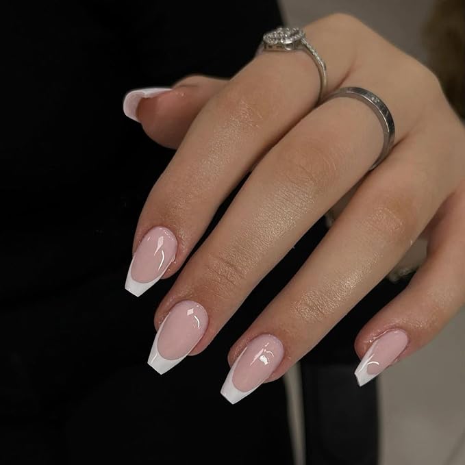 30Pcs White French Tip Press on Nails Short Coffin Nails Press ons, Short Fake Nails T Shaped Acrylic French Glue on Nail False for Women, Natural Stiletto15 Sizes