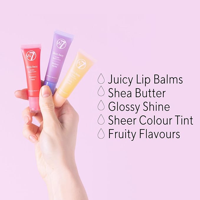 W7 Gloss Away Lip Balm Trio - 3 Piece Set - Nourishing Lips Balms With Shea Butter - Blueberry, Vanilla, Strawberry