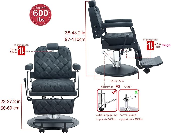 Kaleurrier Black Salon Chair Reclining: Professional Hydraulic Barber Chairs with Headrest and Footrest - Adjustable Heavy Duty Styling Chair for Home Hair Beauty Salon Massage Barbershop Tattoo