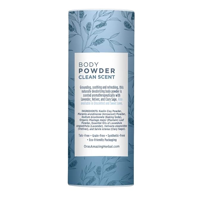 Ora's Amazing Herbal Natural Body Powder and Oil Set, Dusting Powder, Body Oil, No Talc, Corn, Grain, Gluten, Clean Scent 2.5 oz with Travel Size Clean Scent Oil 2 oz