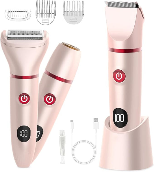 Bikini Trimmer for Women Pubic Hair: 3 in 1 Rechargeable Electric Razors with LED Display, IPX6 Waterproof Shaver for Underarm, Leg, Arm & Body (Pink)