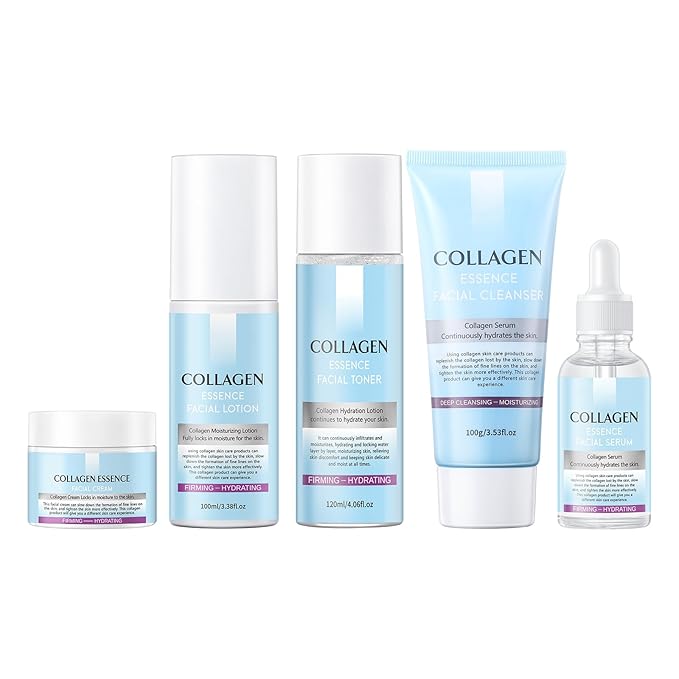 Collagen Skin Care Sets, 5 Pcs Facial Set for Skin Care for Women with Cleanser, Serum, Toner, Lotion & Cream, for Firming Skin, Reduce Wrinkles AOPEIBOTO