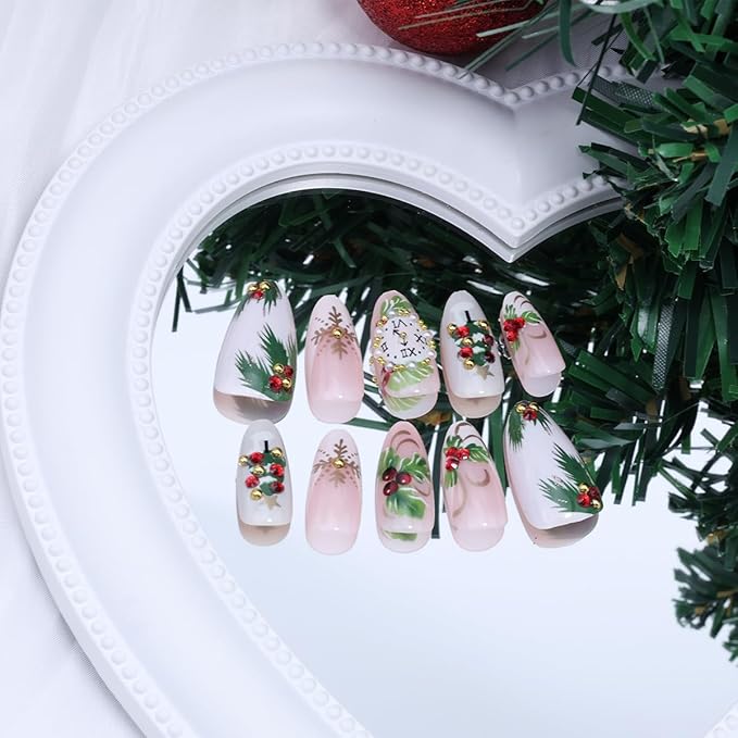 30Pcs Christmas Press on Nails Medium Almond Fake Nails Xmas Tree Holly False Nail Clock with 3D Rhinestones Design Gold Snowflakes White French Tip Glue on Nails for Women DIY New Year Holiday Nail