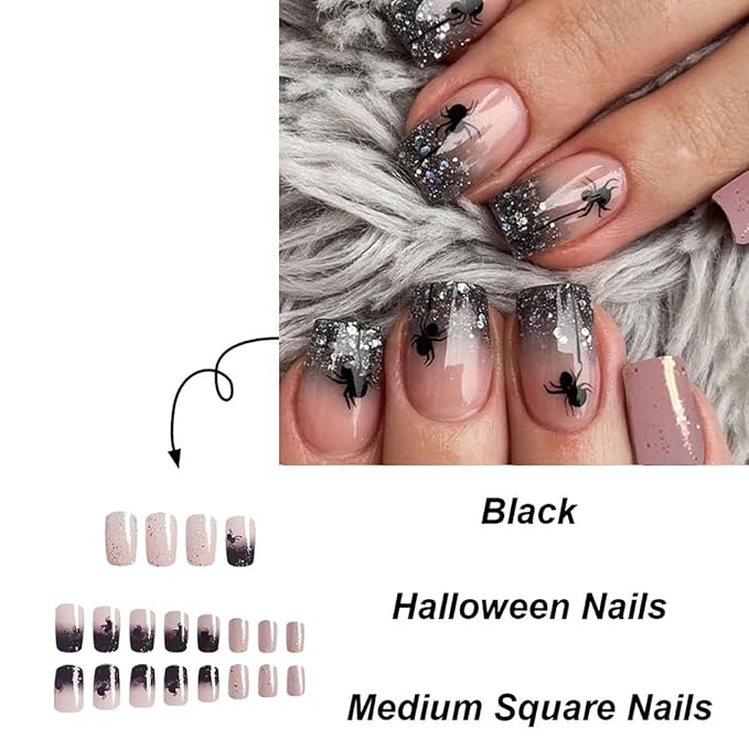 24Pcs Halloween Press on Nails Short Square Spider Web Fake Nails Black Spider with Glitter Tips Full Cover Glue on Nail French Tip False Nails Cute Halloween Stick on Nail for Girls Acrylic Nails