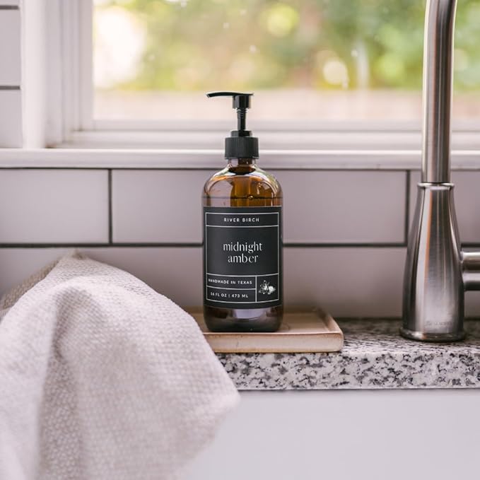 River Birch Midnight Amber Scented Natural Hand Soap - Handmade Soap - Moisturizing Hand Wash with Amber Glass Dispenser - Luxury Scented Hydrating Hand Soap - Vegan and Non-Toxic - 16 Fl Oz