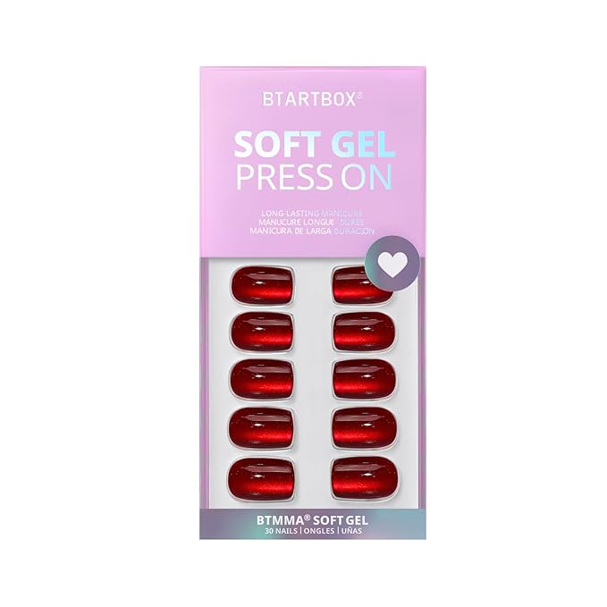 BTArtbox Press On Nails Red - Cat Eye Press On Nails Square for Gifts,Cherry Short Stick On Nails with Glue, Glossy Reusable Nail Tips in 15 Sizes - 30 Soft Gel Fake Nails Kit, Hot Love