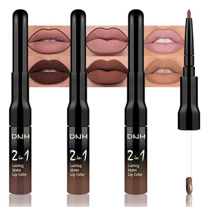 3Pcs 2 in 1 Chocolate Nude Brown True Nude Matte Lip Liner and Liquid Lipstick Stain Makeup Set for women, Long Lasting Smudge Proof Lip Tint Matte Finish Lip Gloss for All-Day Color Hold Set33
