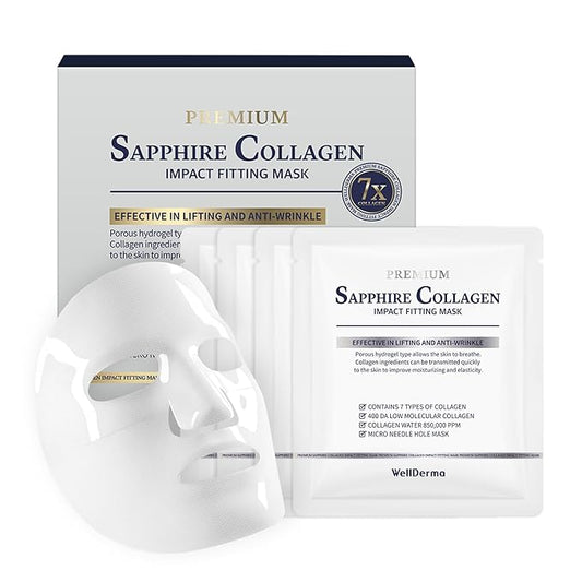 WELLDERMA Sapphire Collagen Impact Hydrogel Fitting Mask, 25g x 4 Sheets – Hydrating & Firming Micro-Hole Sheet Mask with Collagen Water 850,294ppm, Niacinamide & Peptides