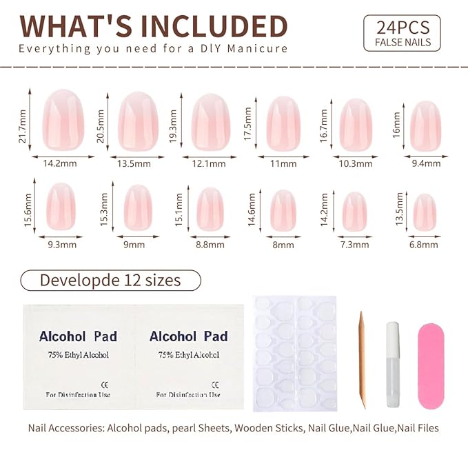 Pink Ombre Press-On Nails, Medium Short Square Shape, Glossy Gel Finish, 24pcs Reusable Nude Gradient Fake Nails Kit for Women, Natural Stick-On Acrylic Nails for DIY Manicure