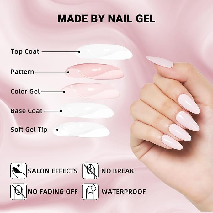 WOOYAS Press On Nails Almond, White Pink Fake Nails Glossy Solid Color False Nails Gel Finish, Supremely Fit & Natural Handmade Glue On Nails for Women and Girls 24Pcs