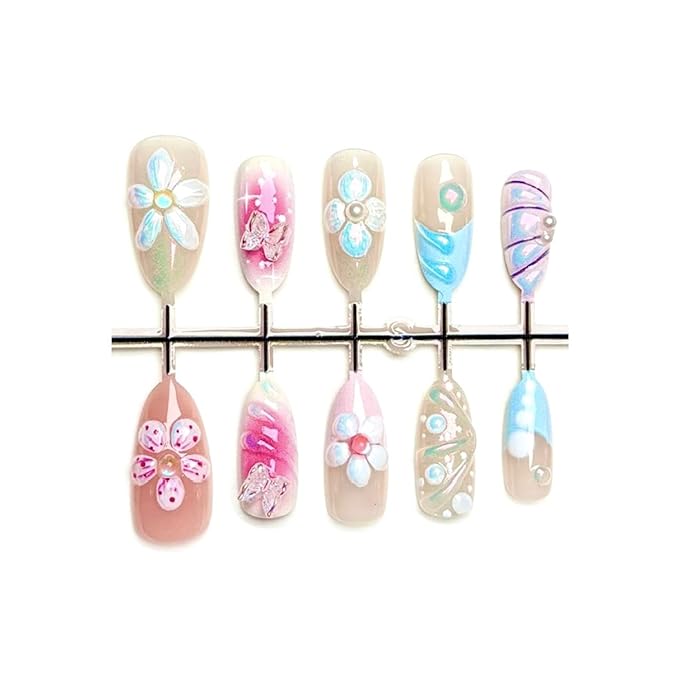 30Pcs Flower Press on Nails Medium Almond Handmade Fake Nails with Crystal 3D Butterfly Flowers Pearl Design French Nails Cute Stick on Nails Full Cover Artificial Glue on Nails for Women
