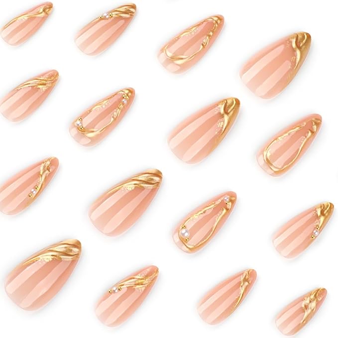 3D Gold Press on Nails Medium Almond Fake Nails Gold Line Pearl Design Stick on Nails French Tip False Nails Nude Glossy Handmade Acrylic Glue On Nail for Women Manicure 24Pcs