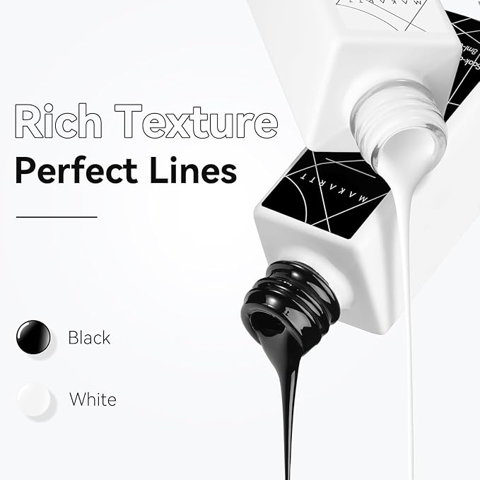 Makartt Gel Nail Polish Liner Set 8ML 2 Colors White and Black for French Nail Art French Tips Swirls DIY Manicure Soak Off UV Curing with Thin Brush