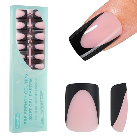 150Pcs Deep French Gel Nail Tips Pink, Vansiho Black Short Square French Tips Press on Nails, Square Soft Gel Nails for Nail Art DIY 15 Sizes