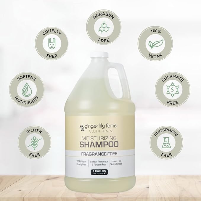 Ginger Lily Farms Club & Fitness Moisturizing Shampoo for All Hair Types, 100% Vegan & Cruelty-Free, Fragrance Free, 1 Gallon (128 fl oz) Refill