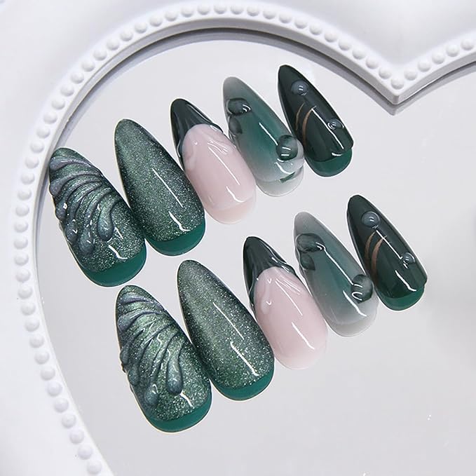 24Pcs Dark Green Press on Nails Medium Almond Fake Nails Silver Star with 3D Leaf Glossy Stick on Nails Full Cover Designs Artificial Reusable French Tip False Nails Glue on Nails for Acrylic Nails