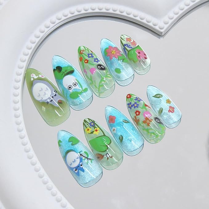 24Pcs Flower Press on Nails Medium Almond Cartoon Fake Nails with Refreshing Summer Leaves Design Autumn Winter Full Cover Artificial Glue on Nails Handmade Stick on Nails for Women DIY
