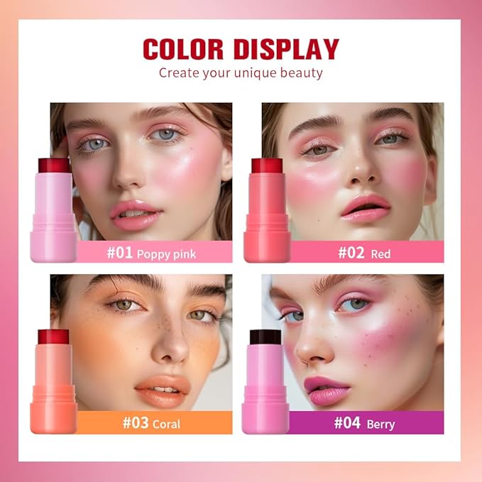 Jelly Cooling Blush Stick, Milk Water Tint, Clear Glossy Long Lasting Sheer Lip & Cheek Stain, Waterproof Light Non-Sticky Buildable Watercolor Finish-Vegan (#1 poppy pink, 0.17oz)