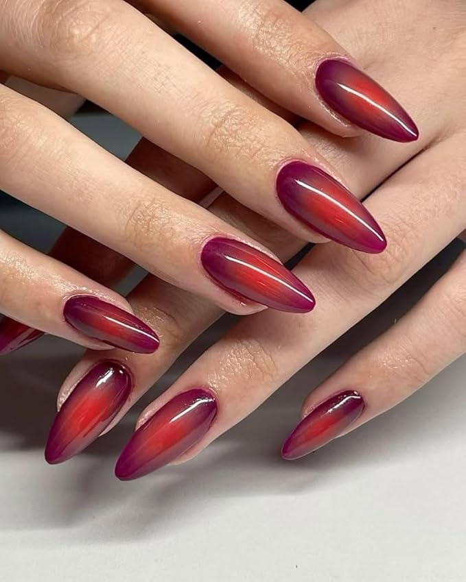 Wooyas Press on Nails Almond, Ombre Red Short Stiletto Glossy False Nails,Reusable Salon Perfect Fake Nail Kit in 12 Sizes - 24 Pcs Soft Gel Glue On Nails Kit for Women Gift