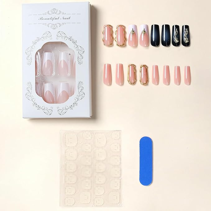 24Pcs Gold Gilding Press on Nails Medium Square French Tip Fake Nails with Glitter Star Rose Design Exquisite 3D Flower False Nails Full Cover Artificial Glue on Nails Spring Stick on Nails for Women