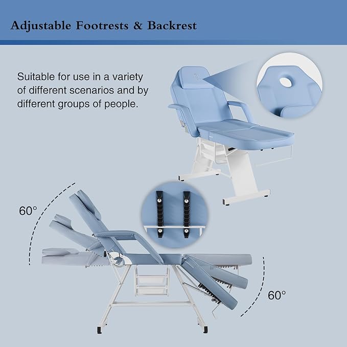Facial Chair Massage Table 73in 3-Section Multipurpose Massage Bed Professional Tattoo Table Salon Spa Equipment for Facial Spa Beauty Spa Salon Equipment-Light Blue