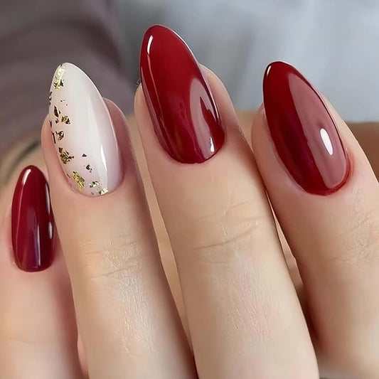 Red Press on Nails Short Almond Fake Nails Wine Red Full Cover Glue on Nails White with Gold Foil Design Acrylic Nails Glossy Stick on Nails for Women 24 Pcs